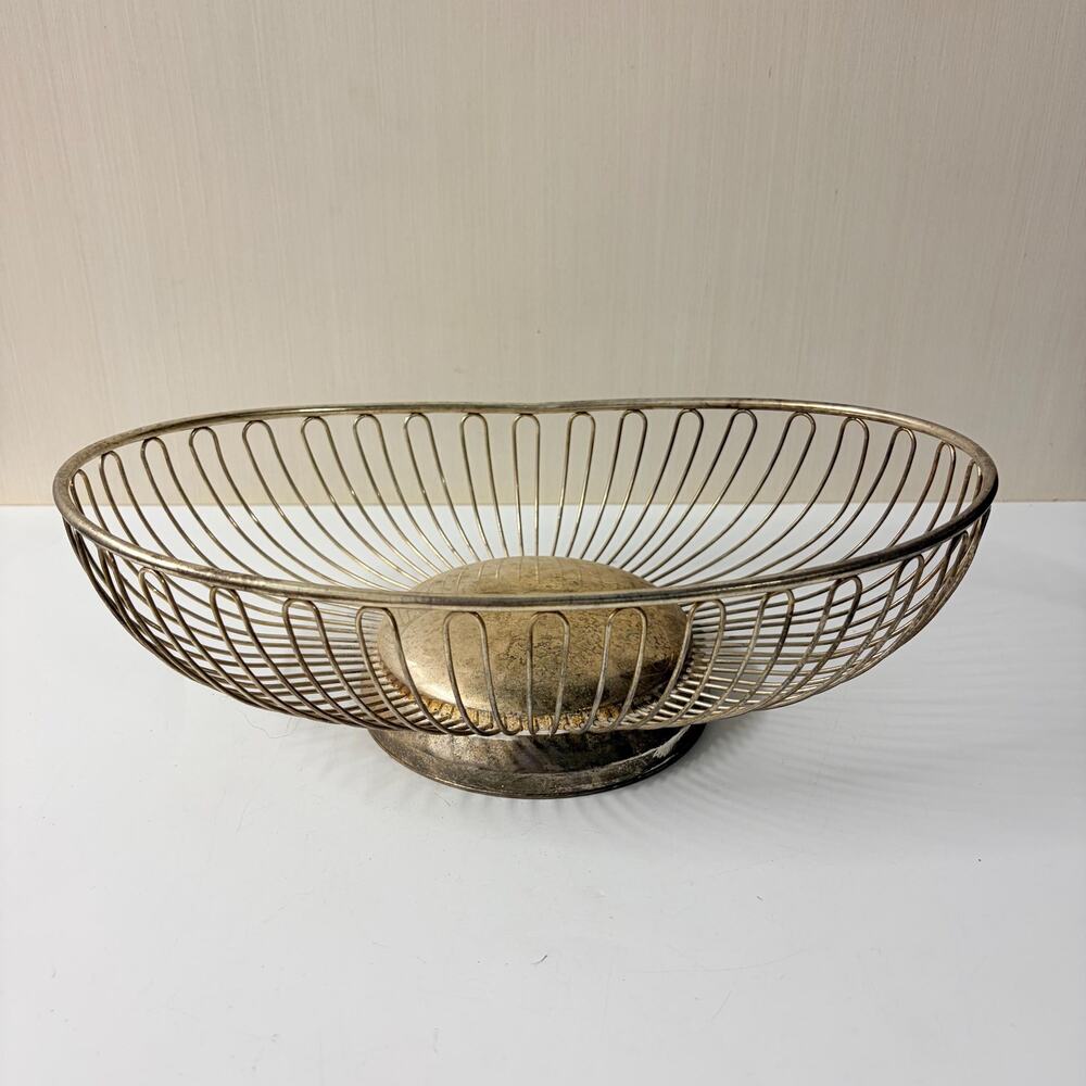 Vintage Metal Wire Basket Bowl Oval Shaped Silver Toned